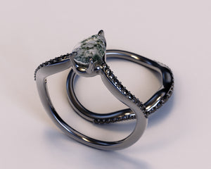 Moss Agate Teardrop Ring With Black Diamonds