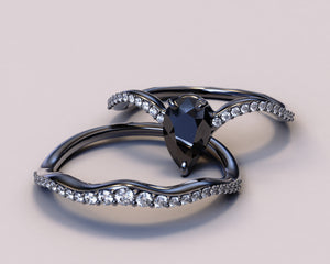 Black Diamond Peared Shape Engagement Wedding Ring Set