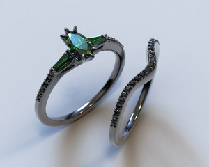 Black Gold Emerald Engagement Ring Set - Art Deco Style