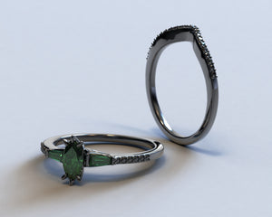Black Gold Emerald Engagement Ring Set - Art Deco Style