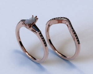 Marquise Moonstone Engagement Ring Set With Black Diamonds