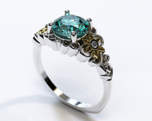 Two Tone Blue Green Moissanite Flower Engagement Ring