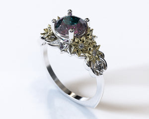 Two Tone Alexandrite Flower Engagement Ring
