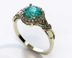 Flower Halo Aquamarine Engagement Ring