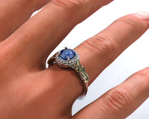 Flower Sapphire Halo Engagement Ring