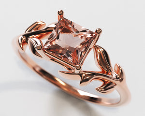 Unique Flower Morganite Engagement Ring With Leaves