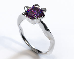 Unique Amethyst Cushion Cut Flower Engagement Ring
