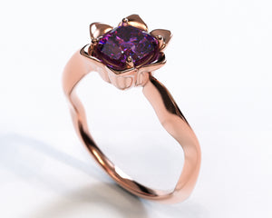 Unique Amethyst Cushion Cut Flower Engagement Ring