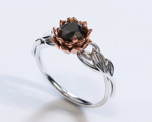 Lotus Flower Black Diamond Engagement Ring