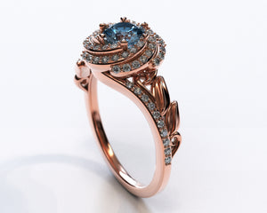 Unique Blue Diamond Engagement Ring With Leaves