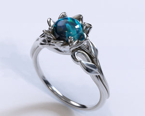 Opal Flower Engagement Ring With Leaves