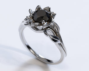 Black Diamond Solitaire Flower Engagement Ring
