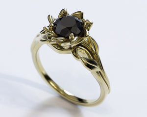 Black Diamond Solitaire Flower Engagement Ring
