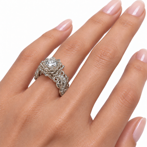 Unique Diamond Lotus Flower Engagement Ring openwork side detail on hand