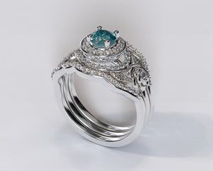 Flower Aquamarine White Gold Wedding Ring Set