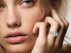 Flower Aquamarine White Gold Wedding Ring Set