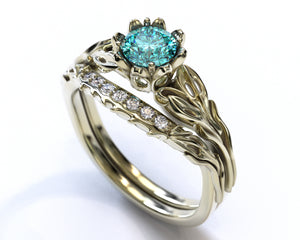 Unique Flower Blue Diamond Wedding Ring Set