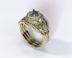Flower Tanzanite Halo Bridal Ring Set
