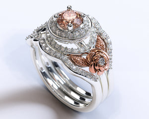 Unique Flower Two Tone Gold Halo Morganite Wedding Ring Set