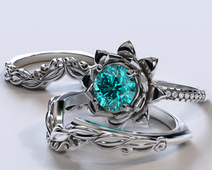 Unique Flower Aquamarine Wedding Ring Set