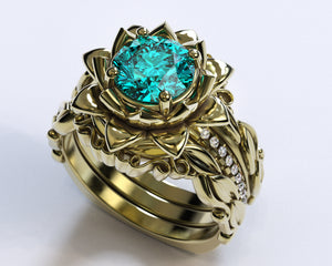 Unique Flower Aquamarine Wedding Ring Set