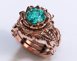 Unique Flower Aquamarine Wedding Ring Set