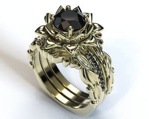 Black Diamond Floral Wedding Ring Set