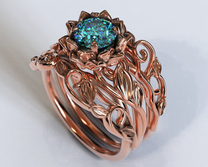 Aquamarine Flower Wedding Ring Set