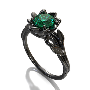 Black Gold Emerald Flower Engagement Ring