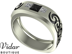 Unique Black Diamond Tribal Wedding Band For Men