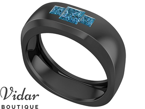 Unique Black Gold Blue Diamond Mens Wedding Band