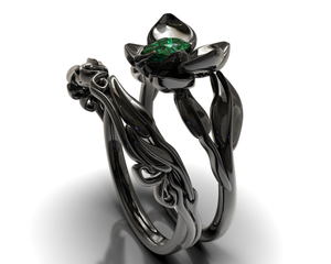 Black Gold Emerald Wedding Ring Set