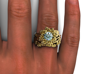 Flower Aquamarine Wedding Ring Set