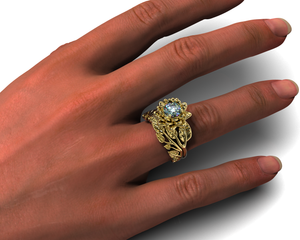 Flower Aquamarine Wedding Ring Set