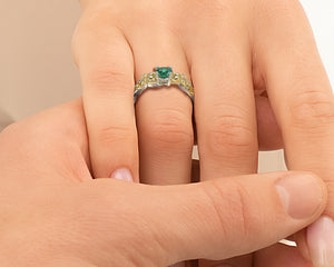Two Tone Floral Emerald Engagement Ring