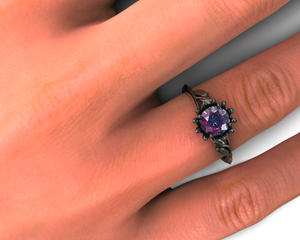 Alexandrite Floral Black Gold Engagement Ring