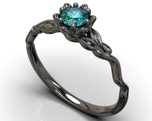 Blue Diamond Black Gold Flower Engagement Ring