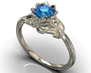 Blue Diamond Flower Engagement Ring With Leaves