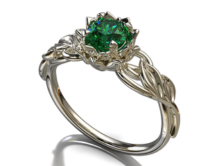 White Gold Lotus Flower Emerald Engagement Ring