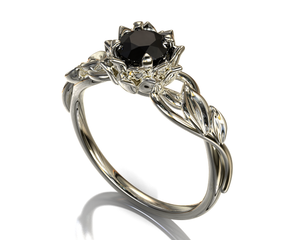 Lotus Floral Black Diamond Engagement Ring With Leaves