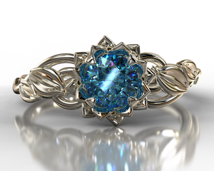 Unique Blue Diamond Lotus Flower Engagement Ring