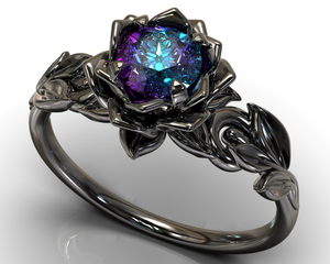 Black Alexandrite Lotus Flower Engagement Ring