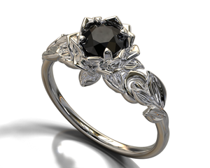 Lotus Flower Black Diamond Engagement Ring With Leaves