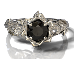 Lotus Flower Black Diamond Engagement Ring With Leaves