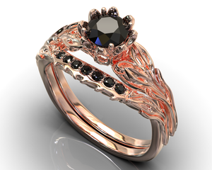 Unique Black Diamond Rose Gold Wedding Ring Set