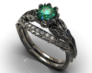 Black Gold Emerald Flower Wedding Ring Set