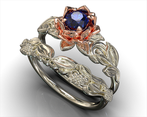 Lotus Flower Blue Sapphire Wedding Ring Set