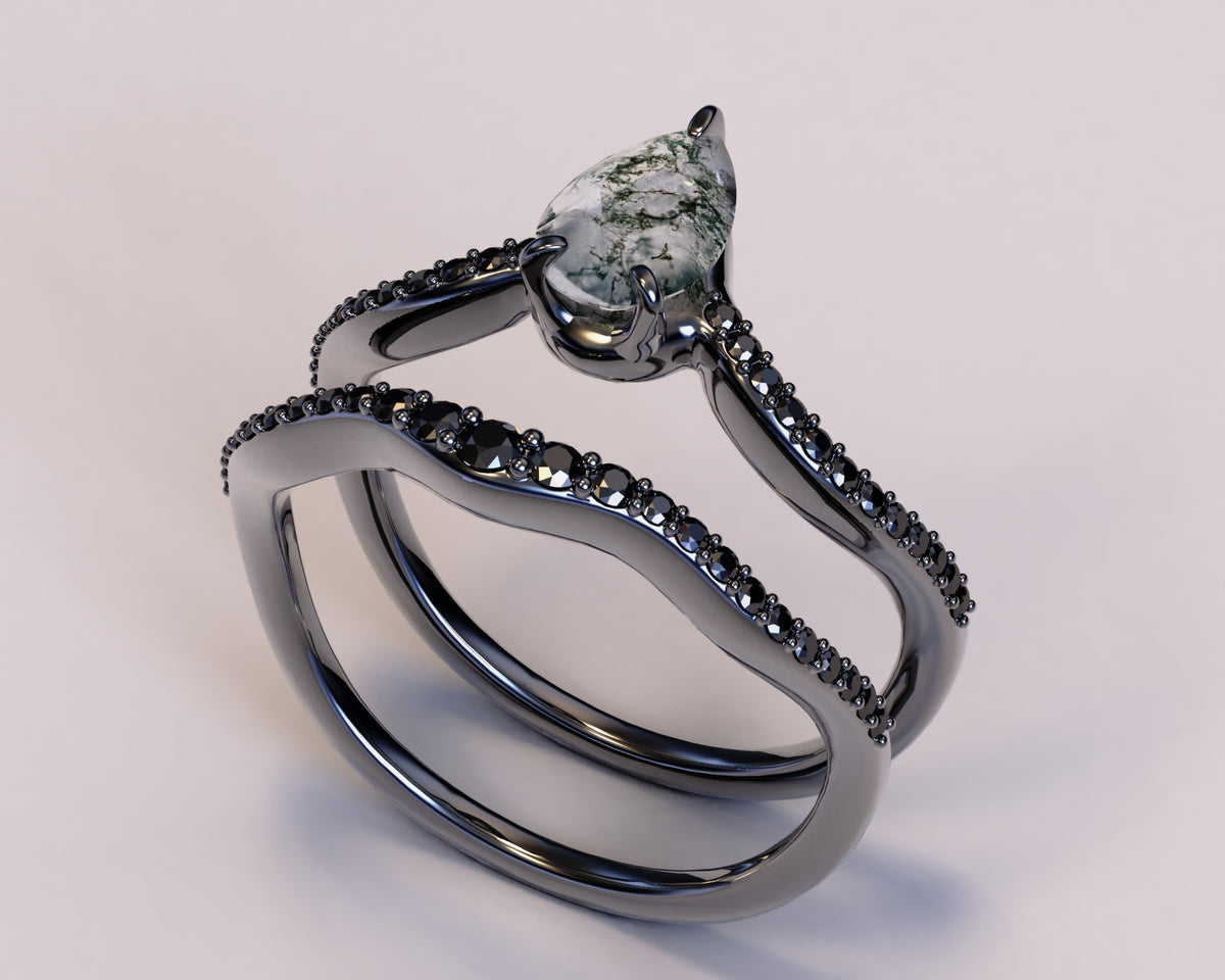 Moss Agate Teardrop Ring With Black Diamonds