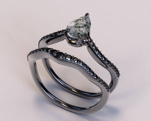 Moss Agate Teardrop Ring With Black Diamonds