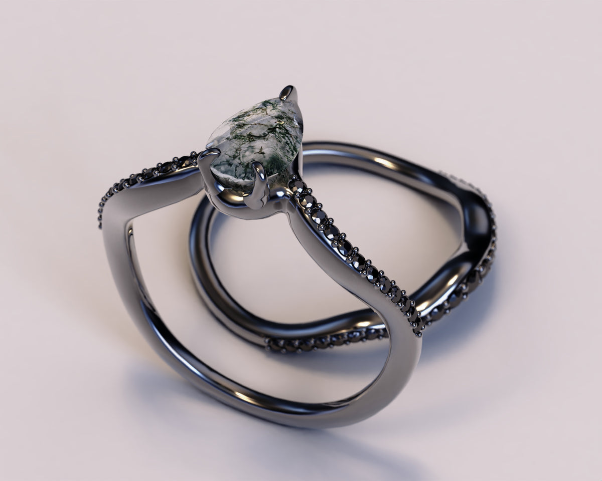 Moss Agate Teardrop Ring With Black Diamonds